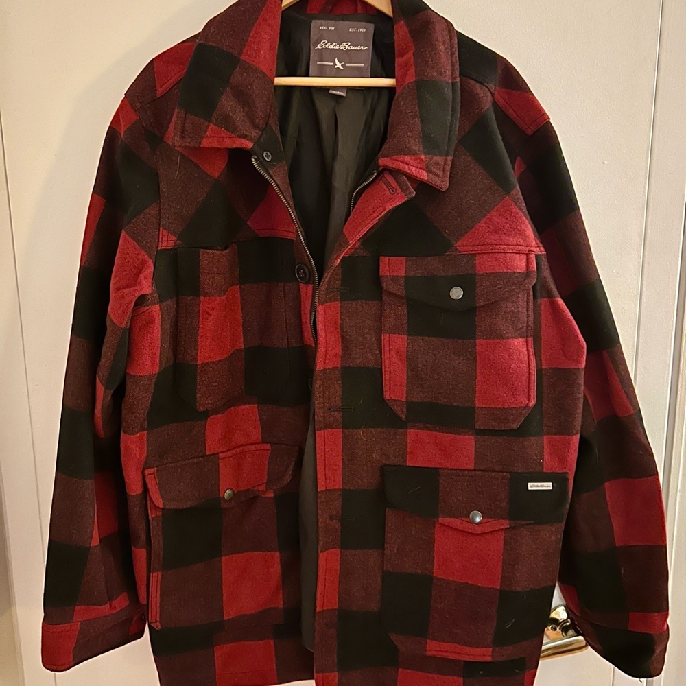 Eddie Bauer Men's Red and Black Winter Buffalo Plaid Jacket